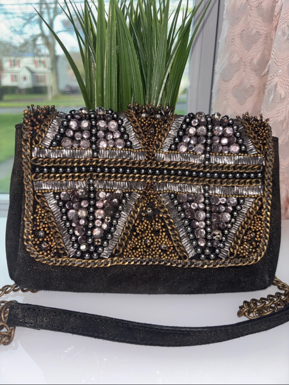 Black Beaded Shoulder Bag with Chain Strap